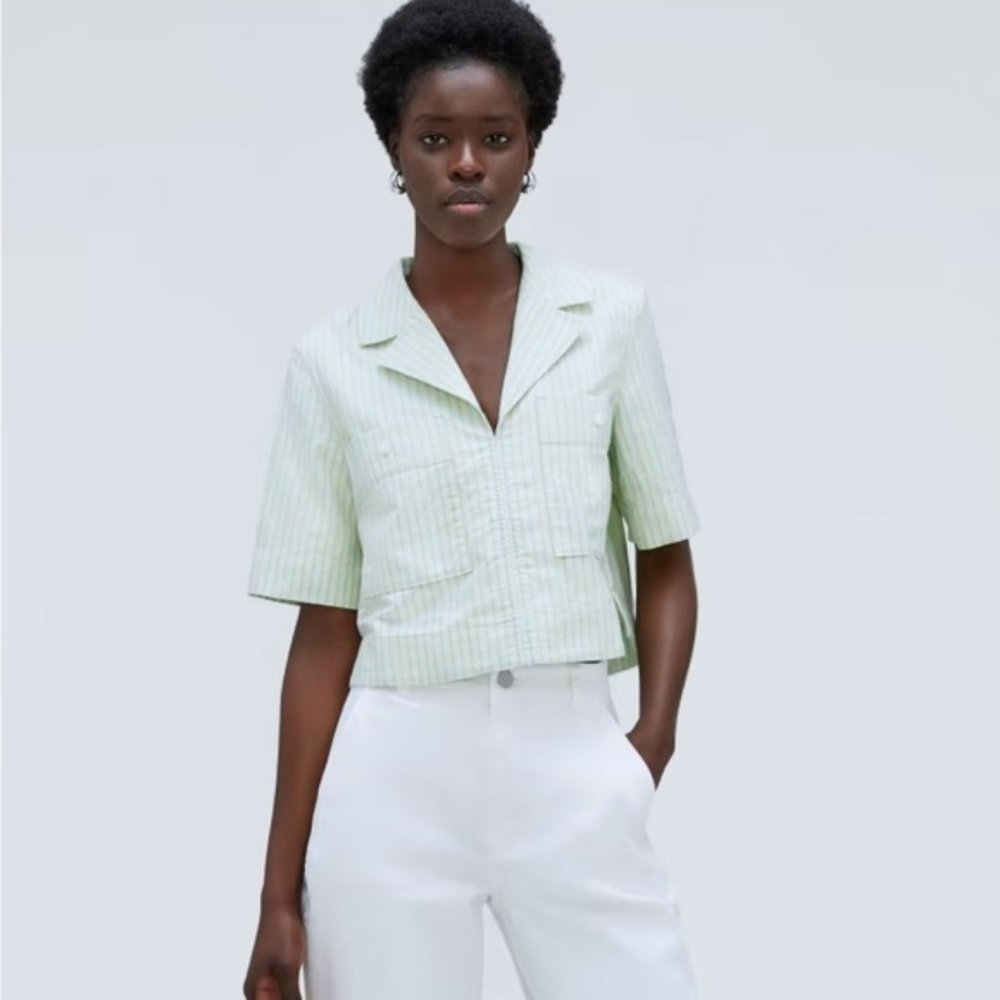 EVERLANE The Oxford Popover cropped shirt top in mint / tan size xxs